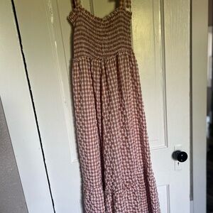 Pink and White Gingham Maxi Dress with Tie Sleeves